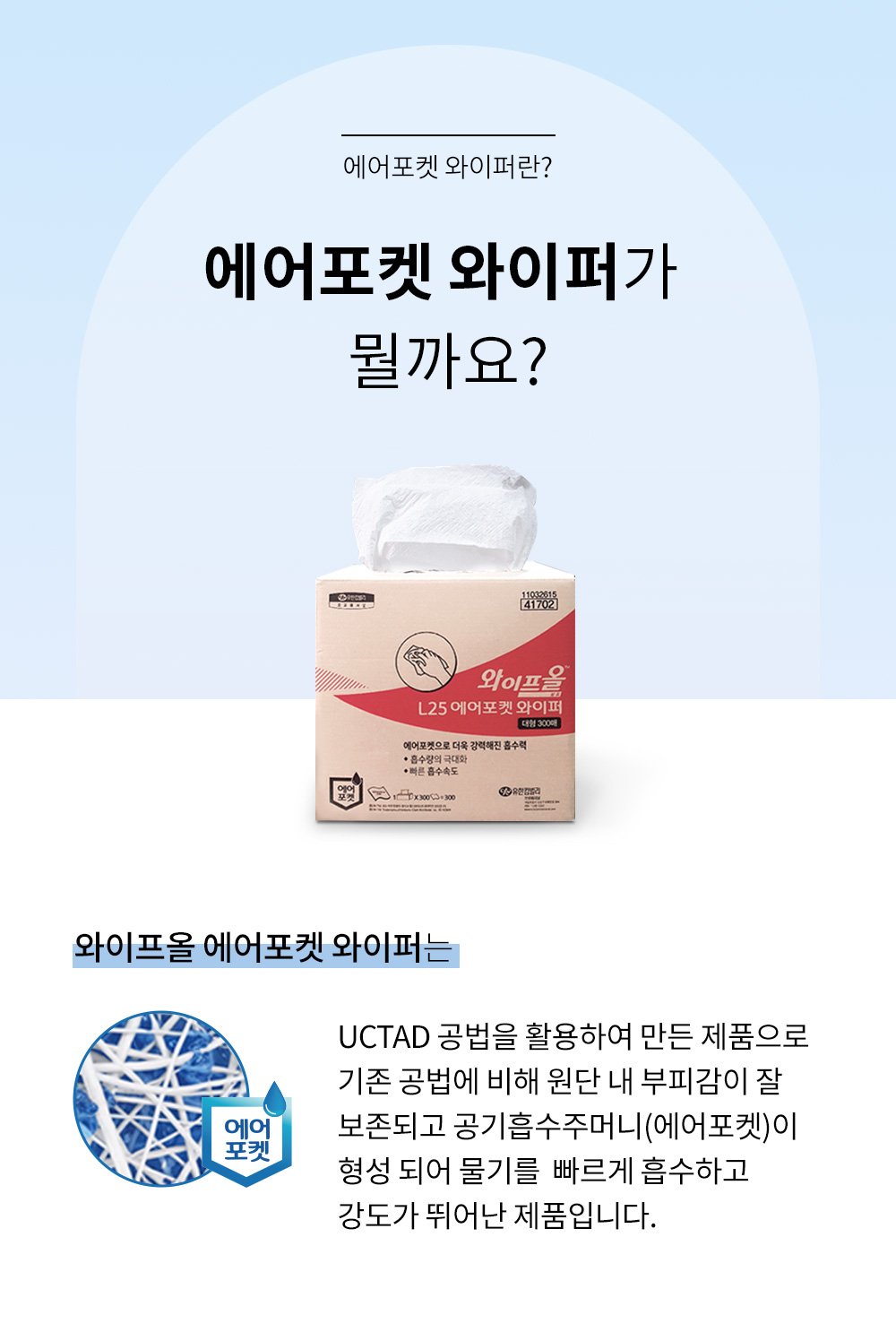 에어포켓 와이퍼는 UCTAD 공법을 활용하여 만든 제품으로 기존 공법에 비해 원단 내 부피감이 잘 보존되고 공기흡수주머니(에어포켓)이 형성 되어 물기를 빠르게 흡수하고 강도가 뛰어난 제품입니다.